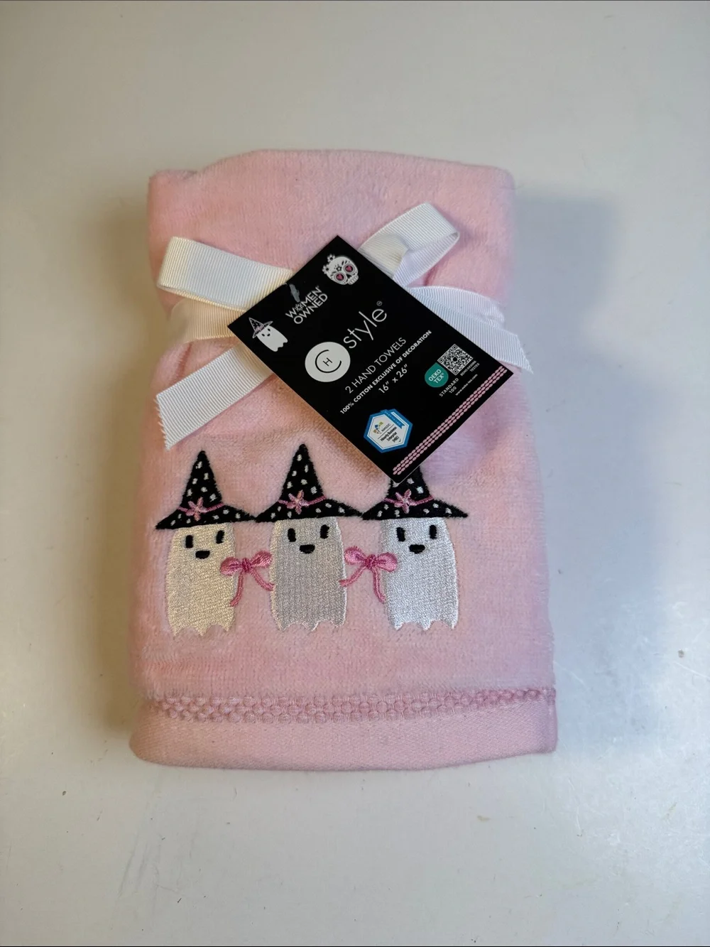 Halloween Hand Towels Pink White Ghosts